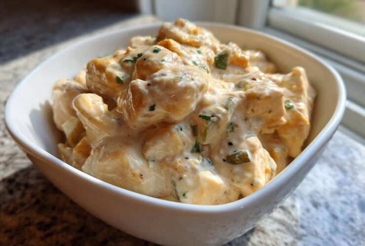 Close-up of creamy crockpot white chicken chili chunks coated in a rich sauce with visible green peppers.