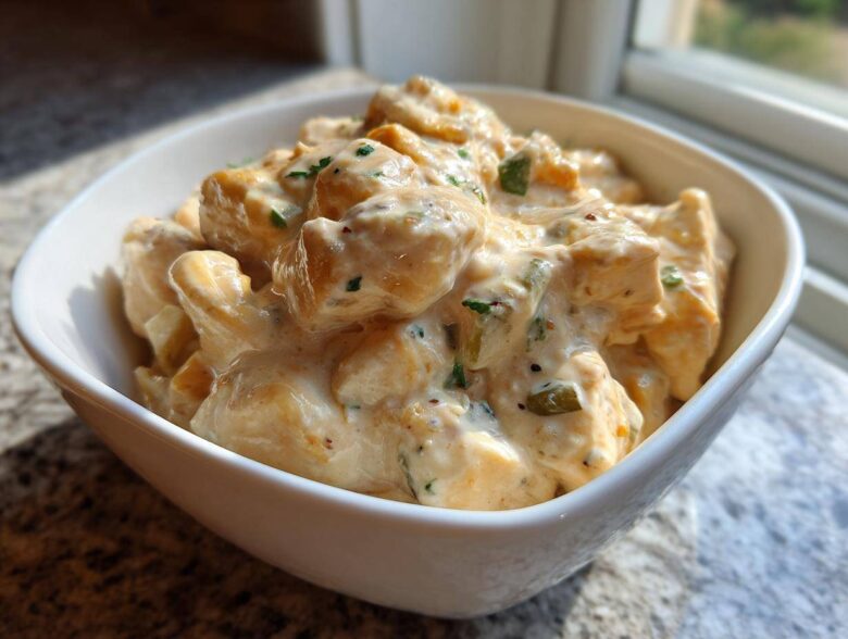 Close-up of creamy crockpot white chicken chili chunks coated in a rich sauce with visible green peppers.