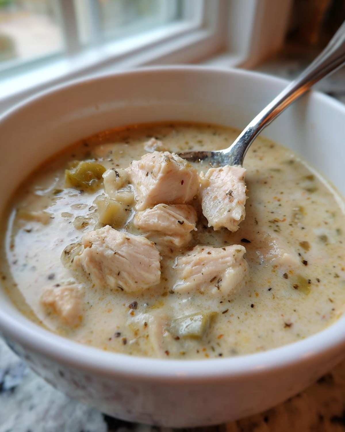 A spoonful of creamy crockpot white chicken chili showing chunks of white meat chicken and green peppers.