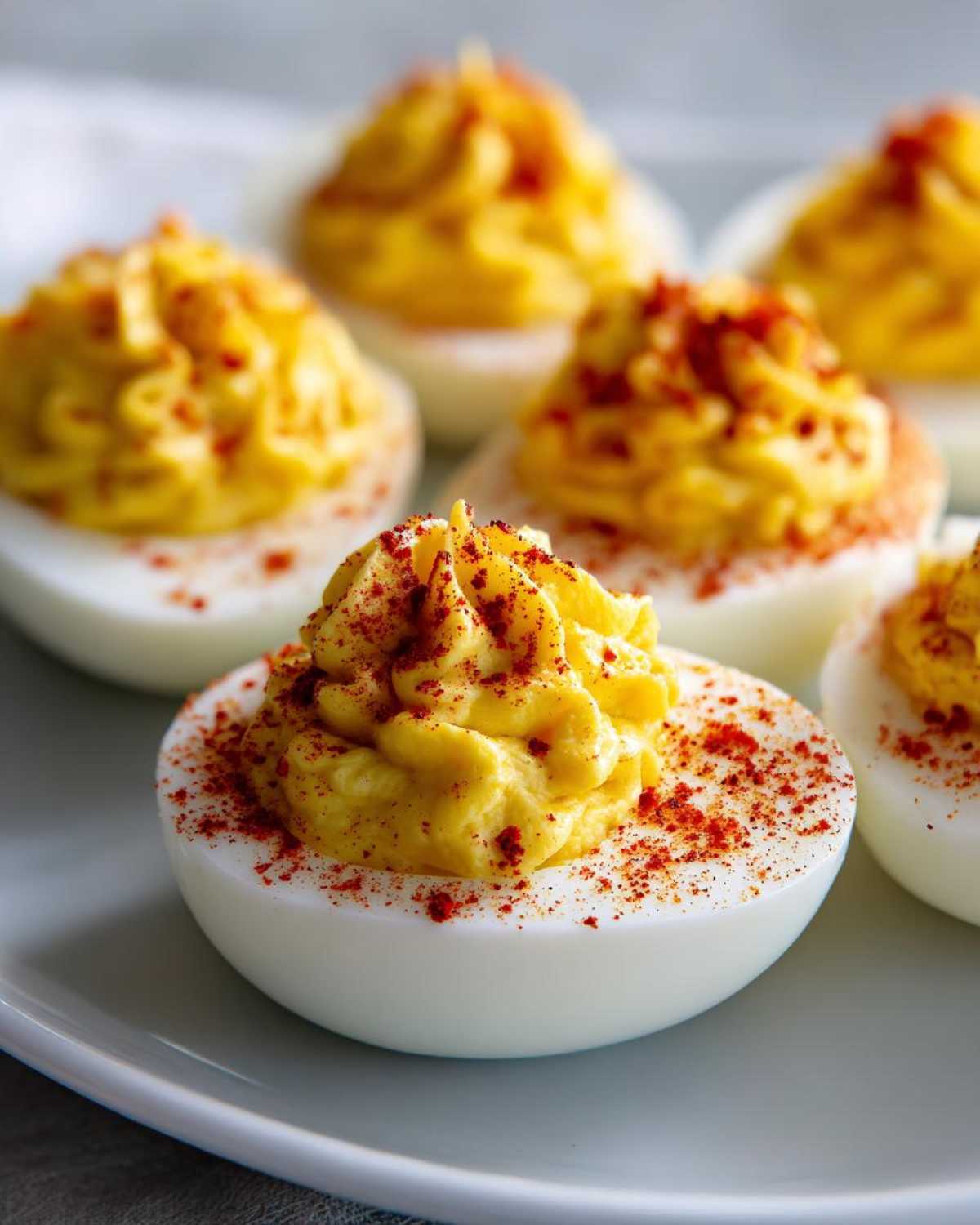 Close-up of perfectly piped, creamy deviled eggs dusted with bright red paprika.