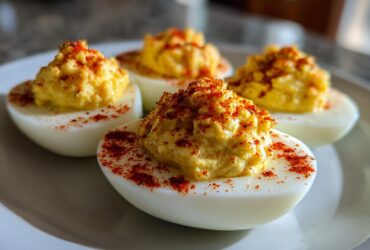 Four creamy deviled eggs piled high with filling and dusted heavily with paprika on a white plate.
