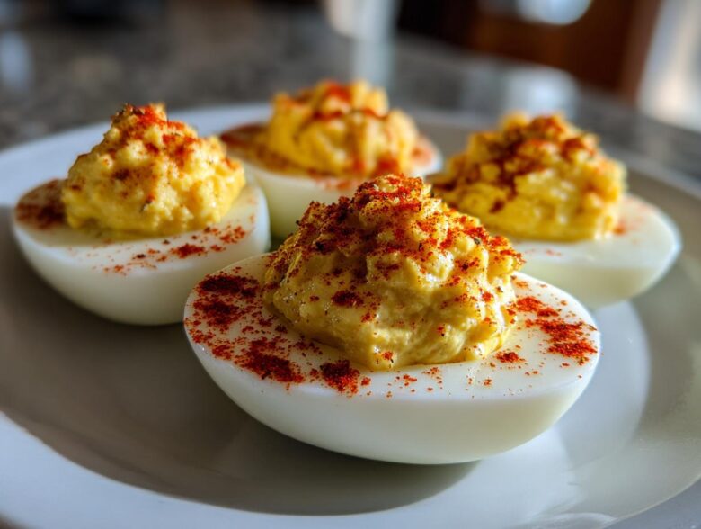 Four creamy deviled eggs piled high with filling and dusted heavily with paprika on a white plate.