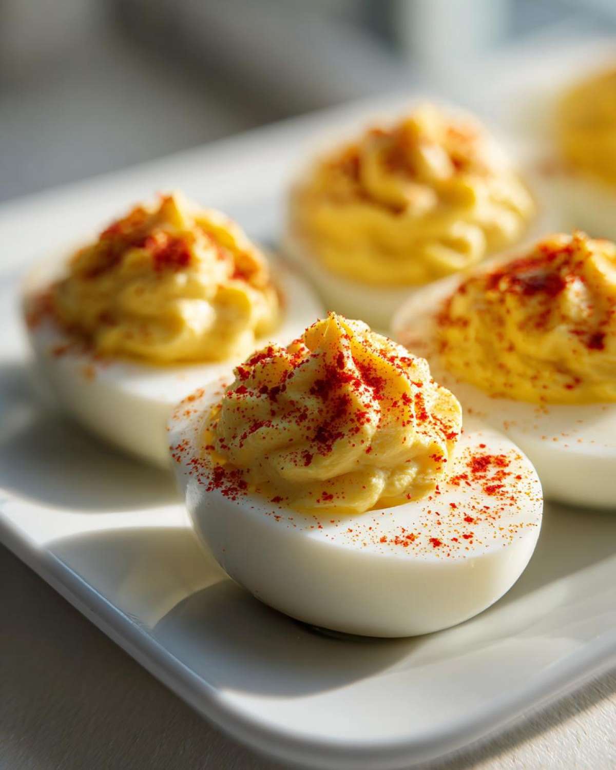 Close-up of creamy deviled eggs piped high and dusted with bright red paprika.