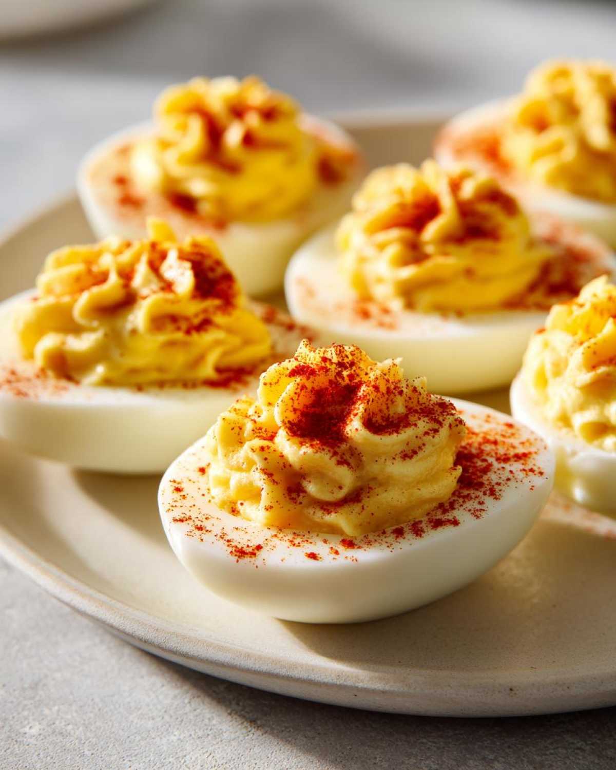 Close-up of creamy deviled eggs piped high and dusted with bright red paprika.