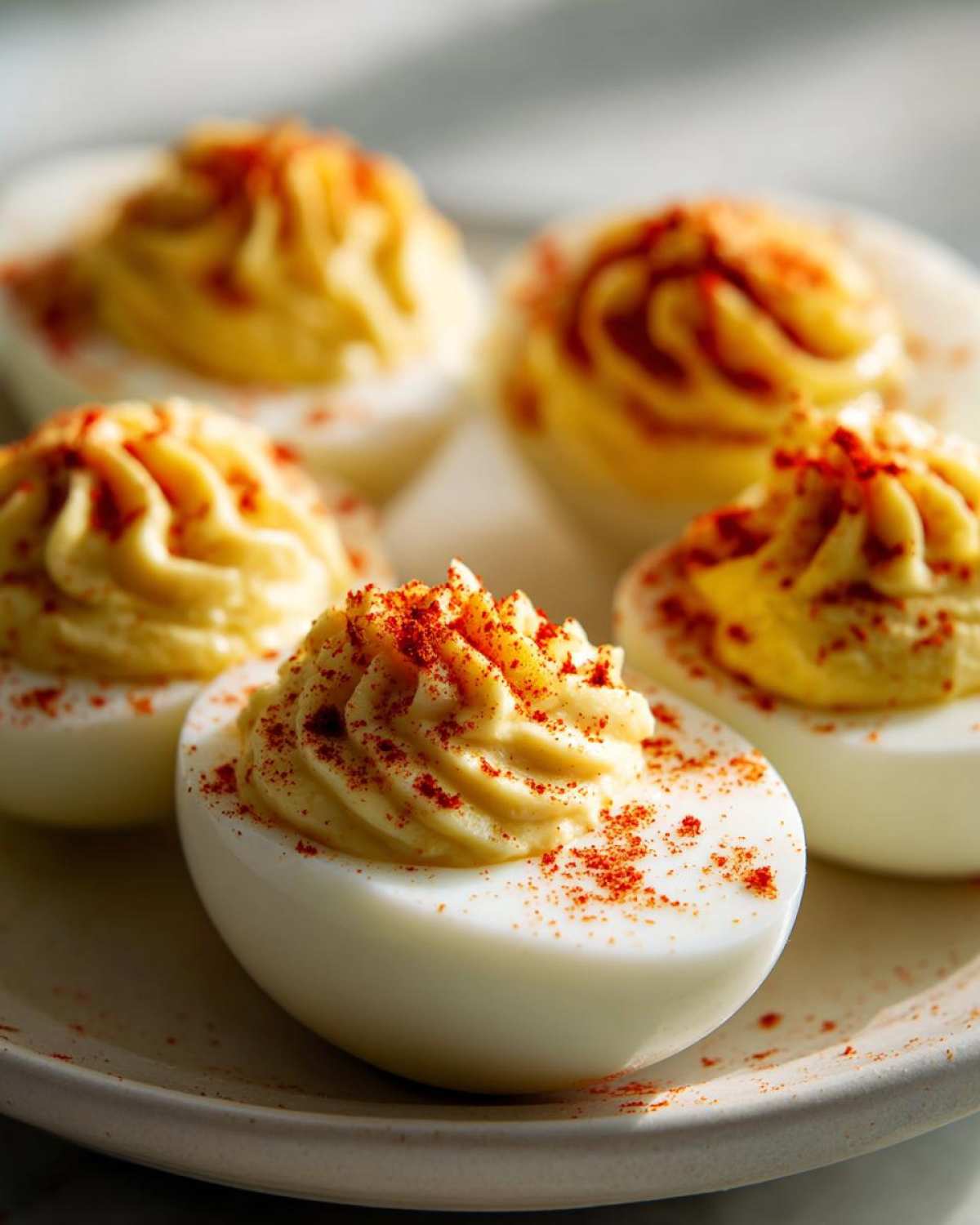 Close-up of perfectly piped, creamy deviled eggs sprinkled with bright red paprika.