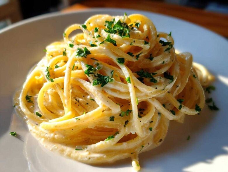 Close-up of creamy spaghetti tossed in a rich sauce, topped with fresh parsley, representing a garlic parmesan dish.