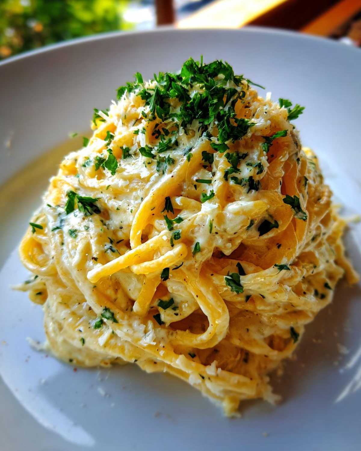 Close-up of creamy pasta coated in a rich sauce, topped with grated cheese and fresh parsley, highlighting the garlic parmesan flavor.