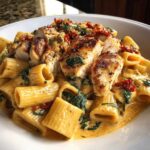 Close-up of creamy marry me chicken pasta featuring sliced, seared chicken breast over rigatoni pasta, spinach, and sun-dried tomatoes.