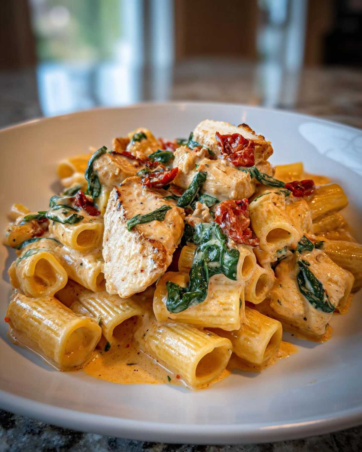 A close-up of creamy marry me chicken pasta featuring rigatoni, chunks of grilled chicken, spinach, and sun-dried tomatoes.