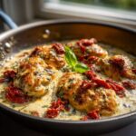 Close-up of golden-brown Marry Me Chicken breasts simmering in a rich, creamy sauce with sun-dried tomatoes.