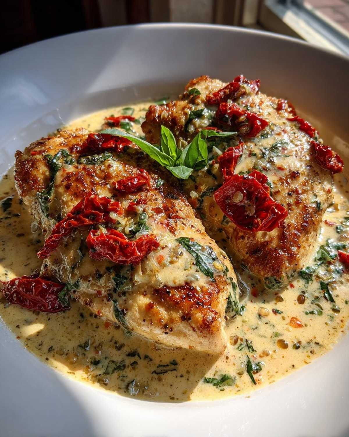 Two golden-brown chicken breasts smothered in a creamy sauce with spinach and sun-dried tomatoes, perfect Marry Me Chicken.