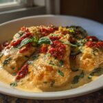 Close-up of creamy Marry Me Chicken breasts topped with sun-dried tomatoes and fresh basil.
