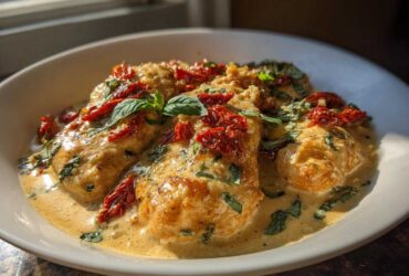 Close-up of creamy Marry Me Chicken breasts topped with sun-dried tomatoes and fresh basil.