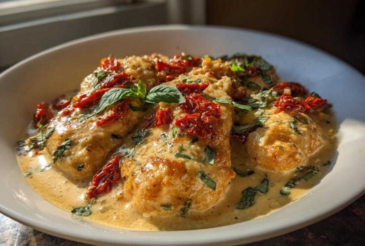 Close-up of creamy Marry Me Chicken breasts topped with sun-dried tomatoes and fresh basil.