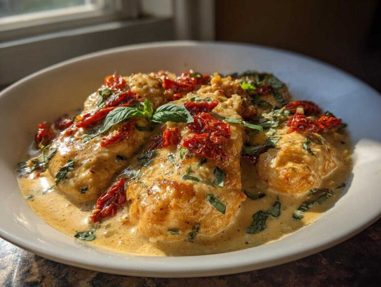 Close-up of creamy Marry Me Chicken breasts topped with sun-dried tomatoes and fresh basil.
