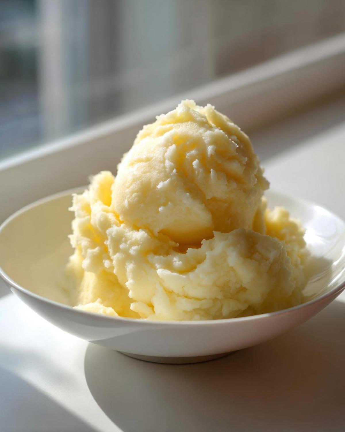 A generous serving of fluffy, light yellow creamy mashed potatoes piled high in a white bowl.