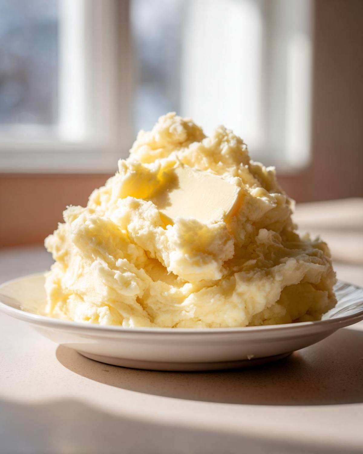 A generous serving of fluffy creamy mashed potatoes topped with a melting pat of butter on a white plate.