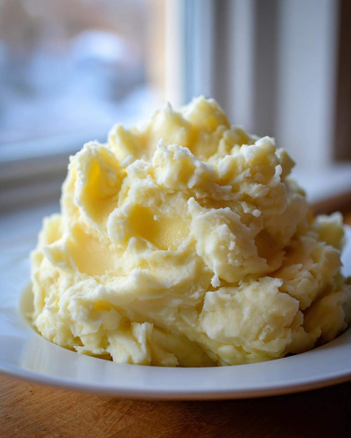 A generous mound of fluffy, creamy mashed potatoes served on a white plate near a window.