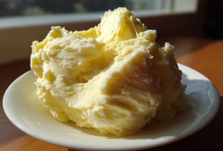 A generous scoop of light yellow, fluffy creamy mashed potatoes served on a small white plate.