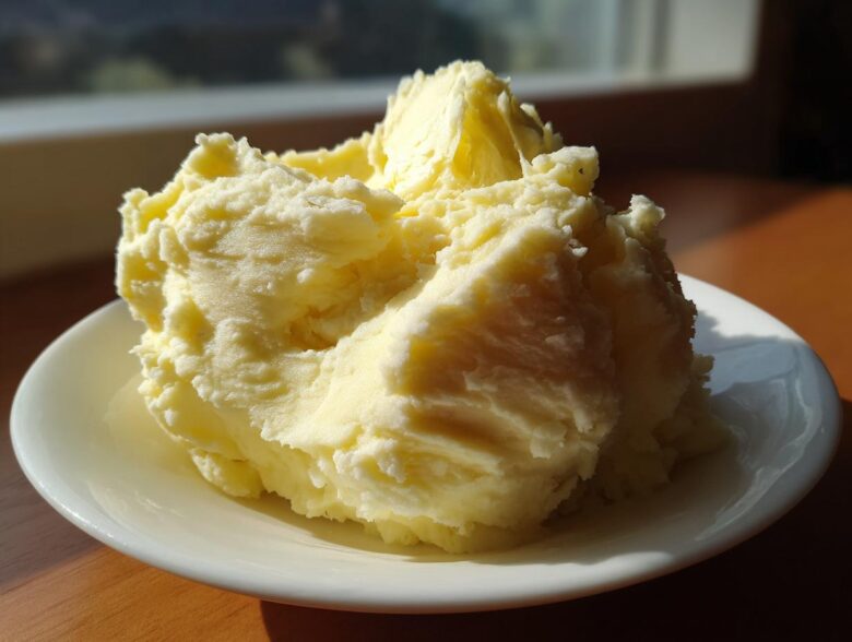 A generous scoop of light yellow, fluffy creamy mashed potatoes served on a small white plate.