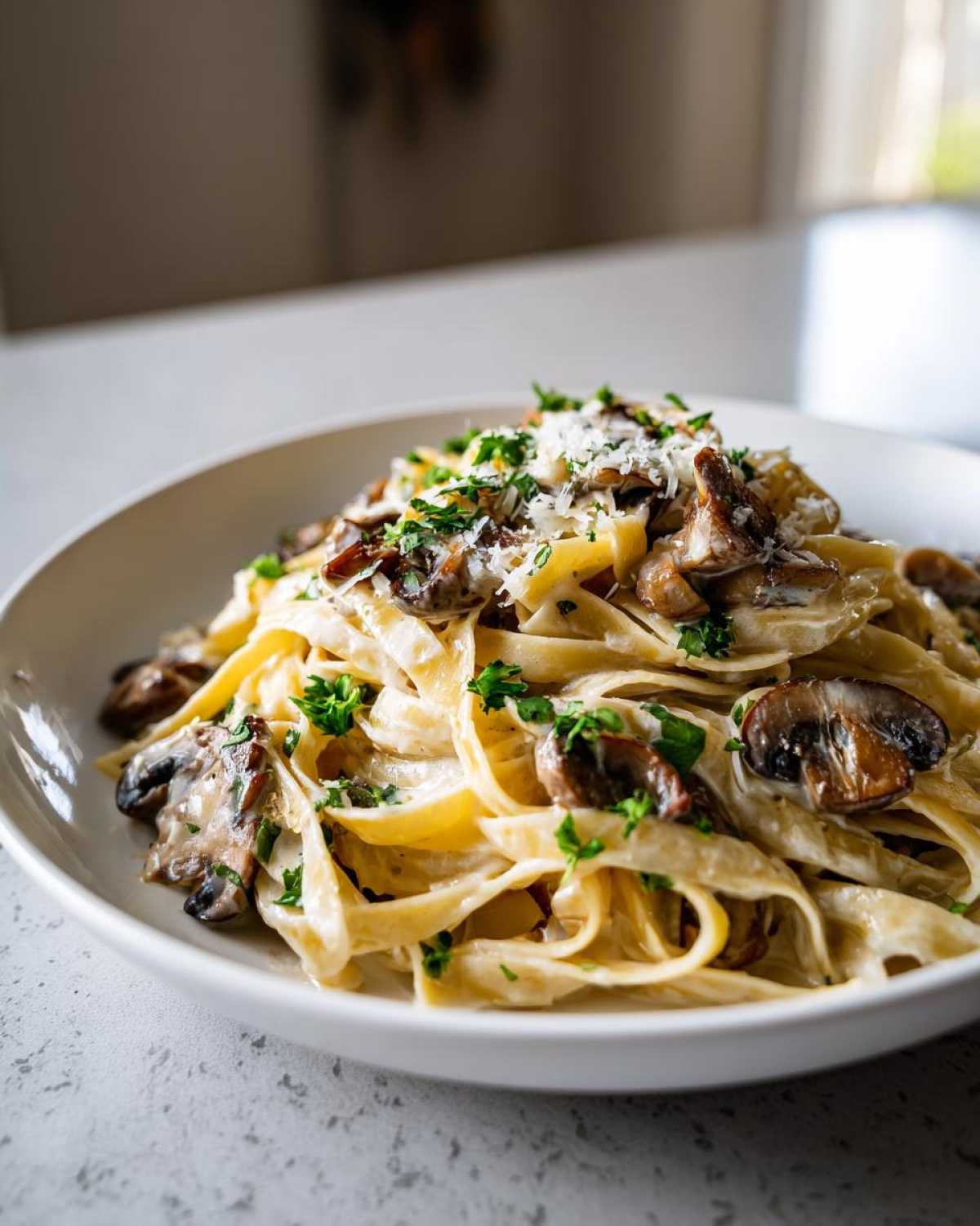 Close-up of creamy fettuccine mushroom pasta topped with grated Parmesan and fresh parsley.