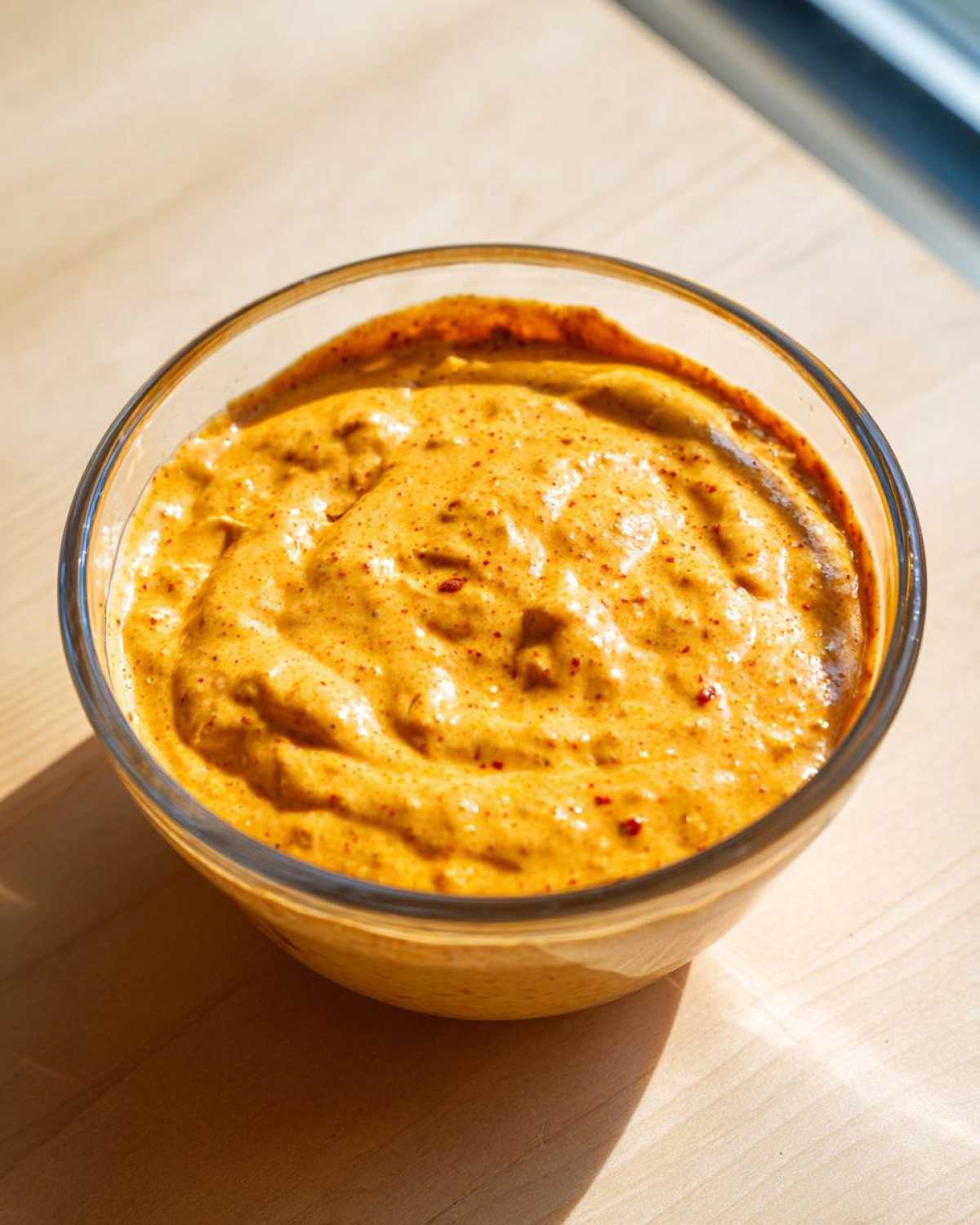 A close-up of a rich, creamy, orange beer cheese dip speckled with red spices, served in a clear glass bowl.