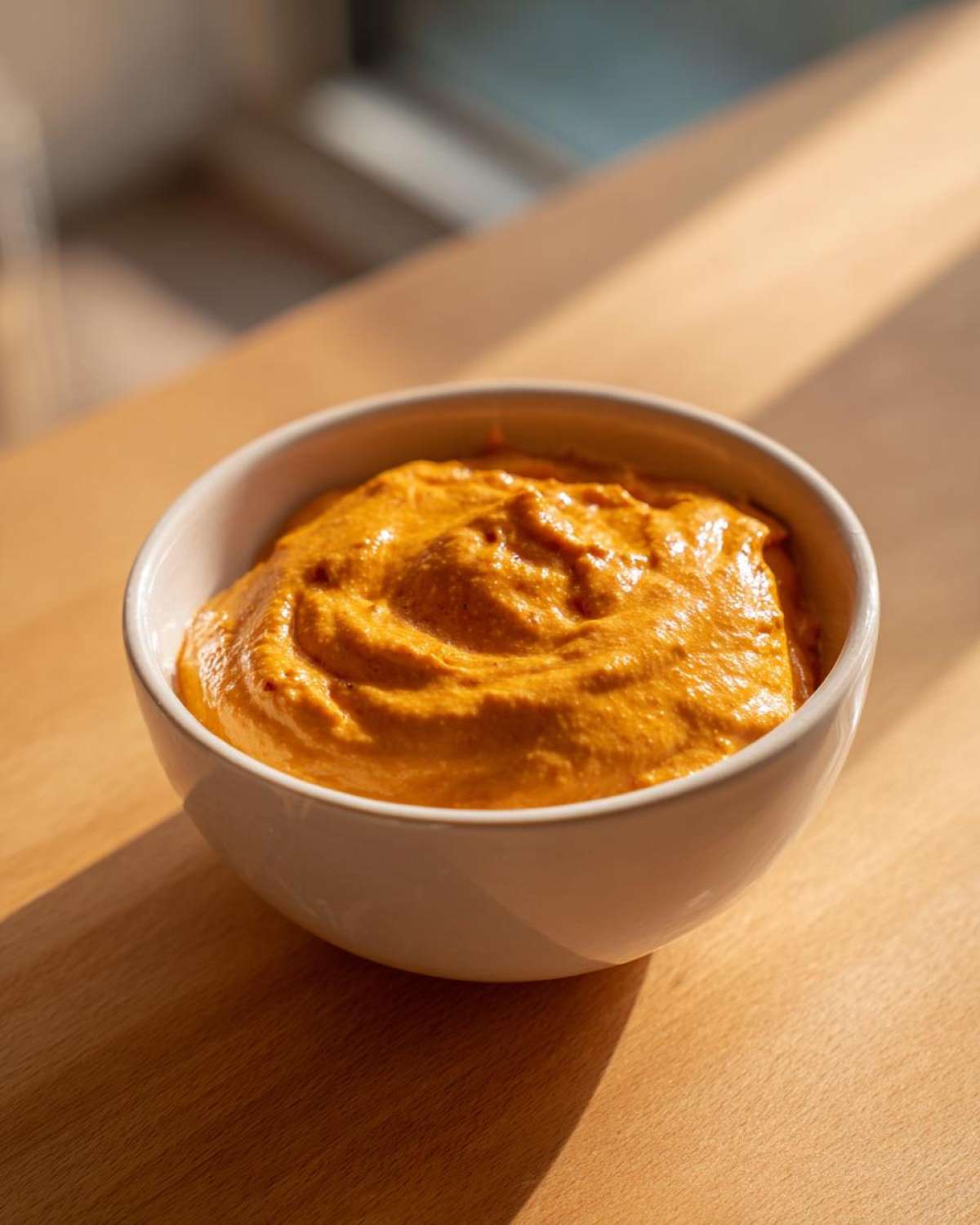 A close-up of thick, vibrant orange beer cheese dip served in a small white bowl on a wooden surface.