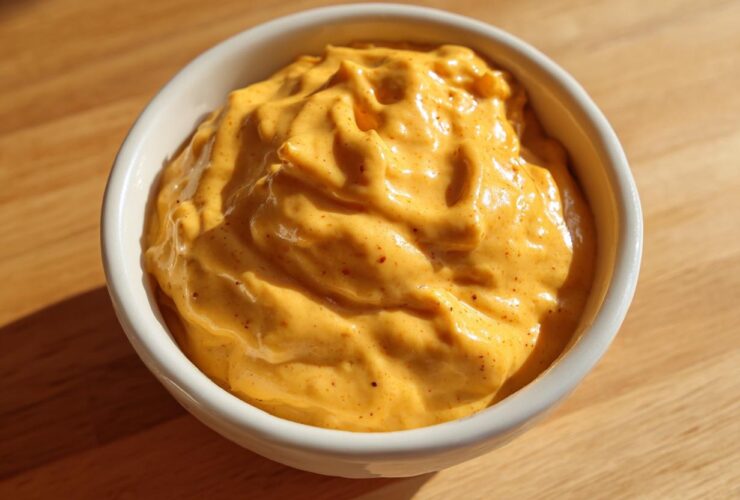 Close-up of thick, creamy orange beer cheese dip served in a small white bowl on a wooden surface.