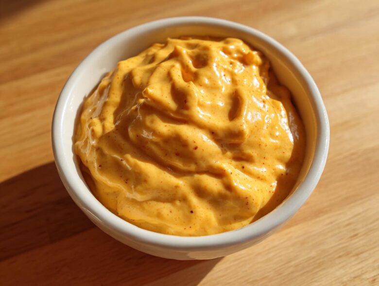 Close-up of thick, creamy orange beer cheese dip served in a small white bowl on a wooden surface.