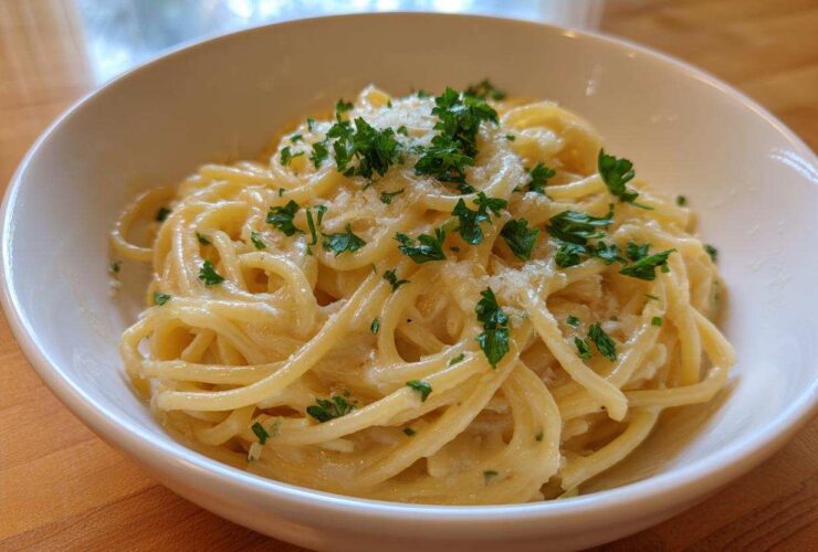Close-up of creamy spaghetti tossed in a rich sauce, topped with grated parmesan pasta and fresh parsley.