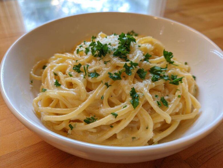 Close-up of creamy spaghetti tossed in a rich sauce, topped with grated parmesan pasta and fresh parsley.