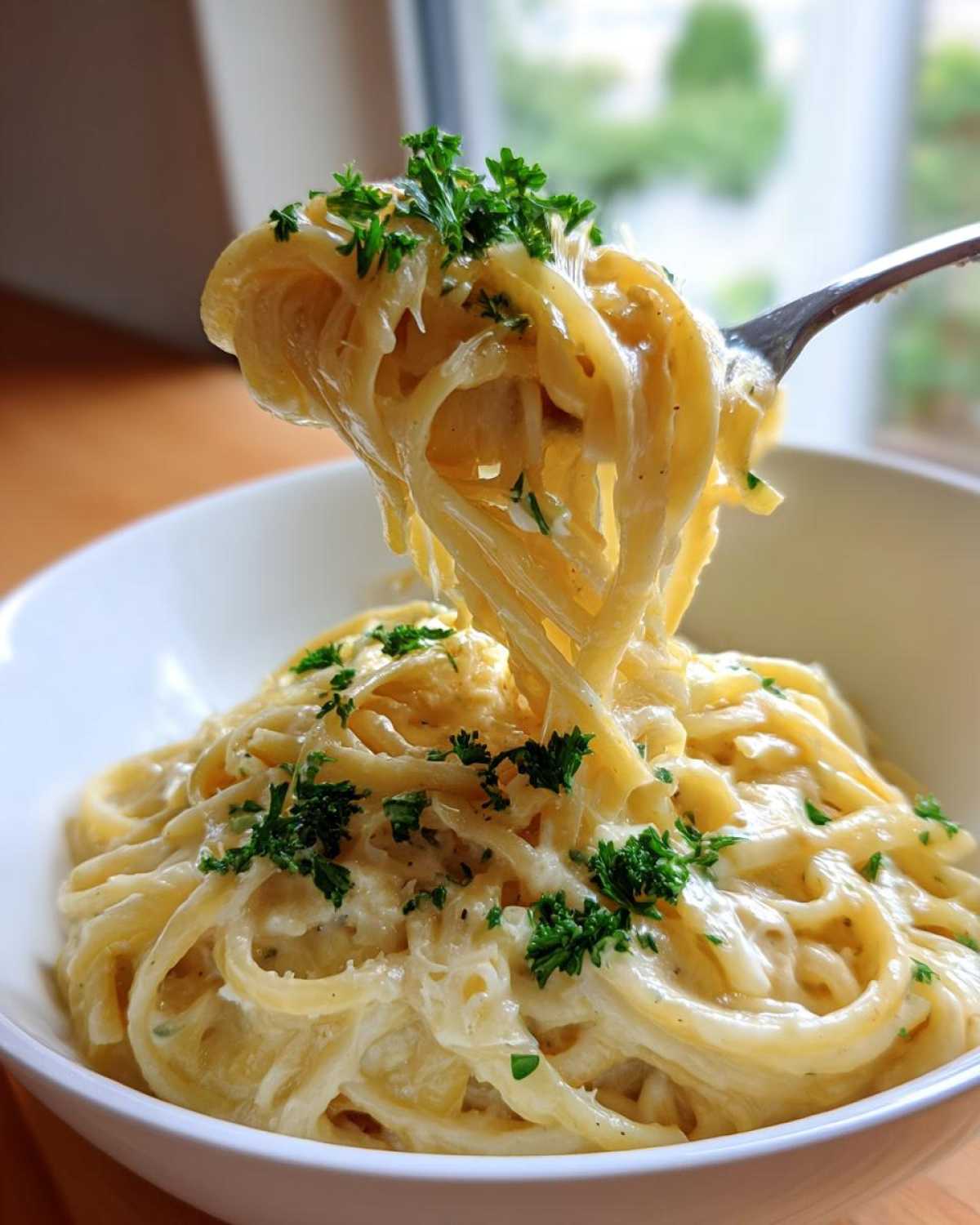 A fork lifts a twirl of creamy parmesan pasta coated in a rich sauce and topped with fresh parsley.