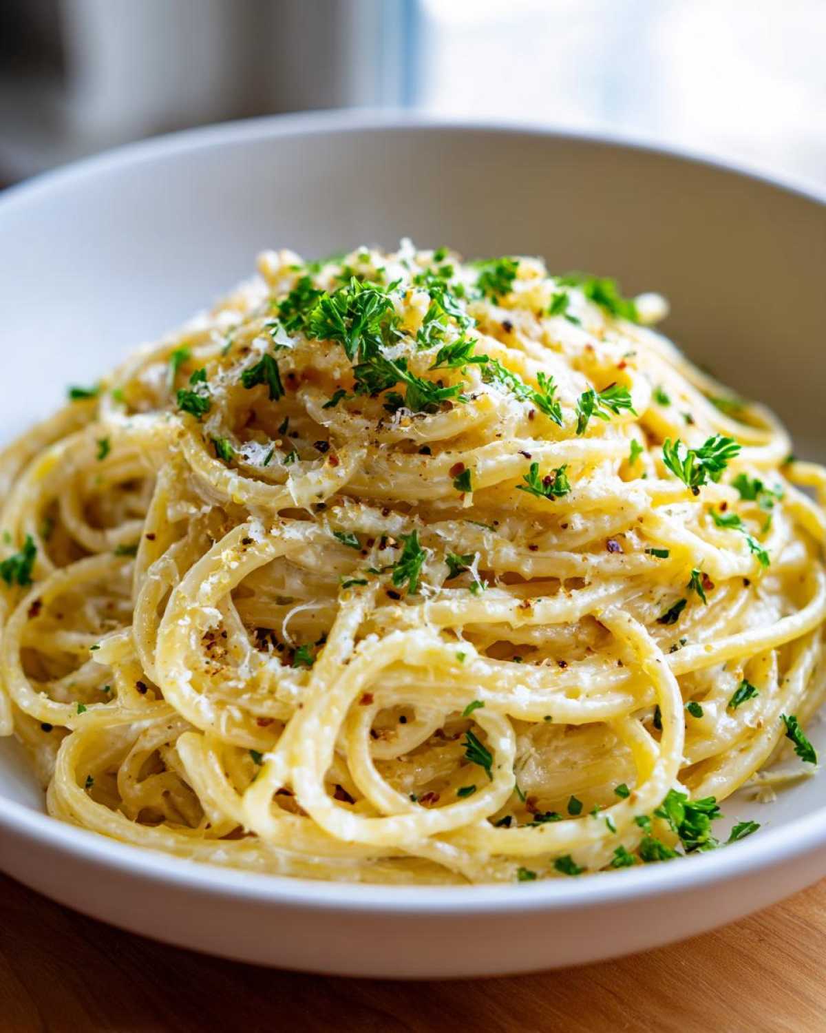 A close-up shot of creamy spaghetti tossed in a rich sauce, topped with grated parmesan and fresh parsley, representing amazing parmesan pasta.