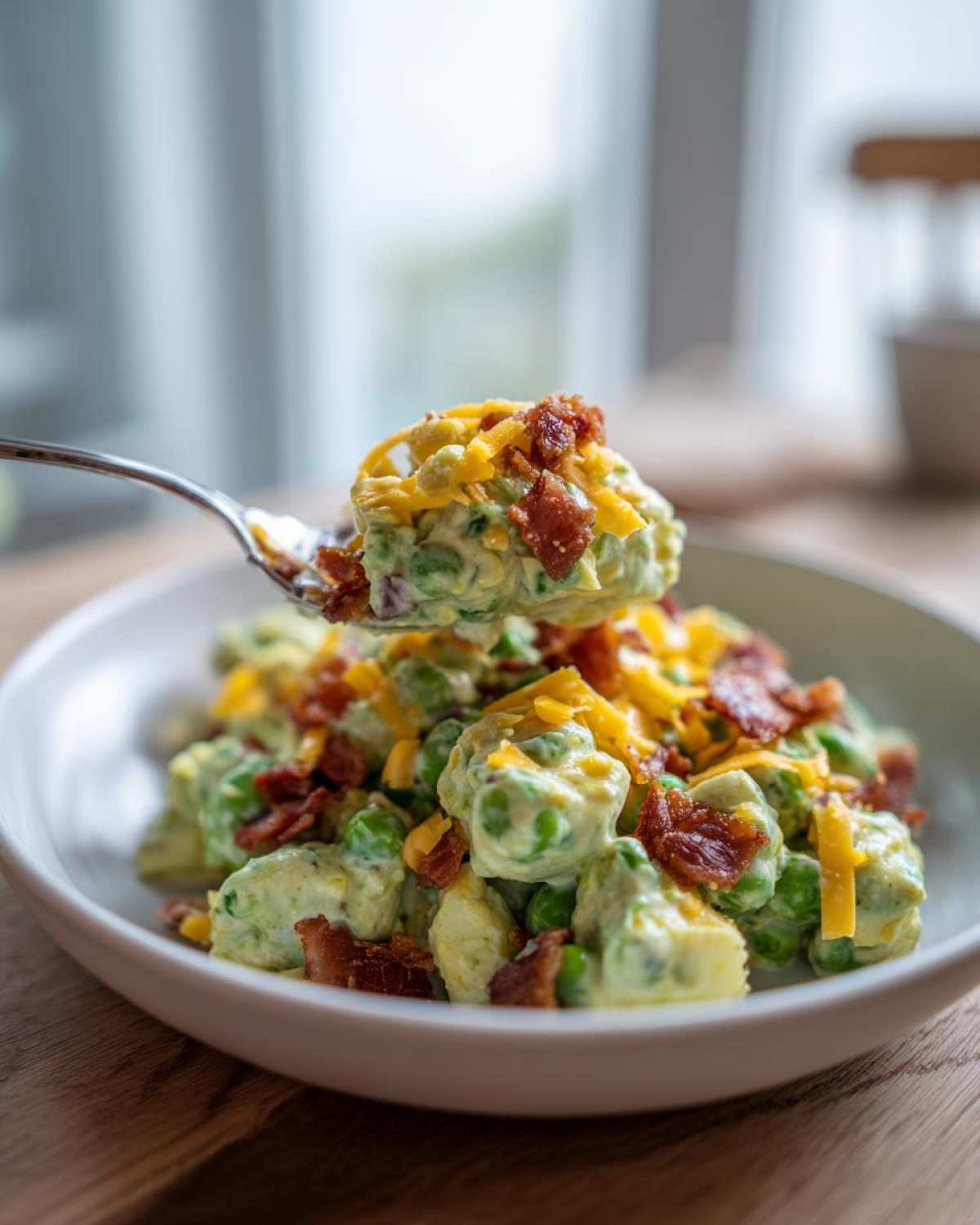 A spoonful of creamy pea salad topped with shredded cheese and bacon bits being lifted from a bowl.