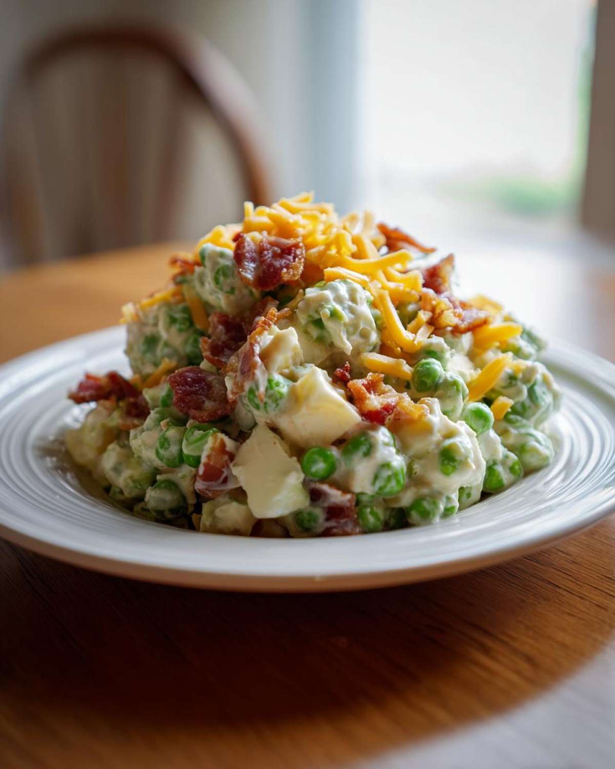 A mound of creamy pea salad mixed with potatoes, topped with crumbled bacon and shredded cheddar cheese.