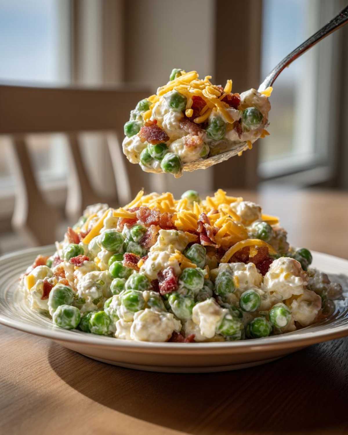 A spoonful of creamy pea salad topped with bacon bits and shredded cheddar cheese being lifted from a large serving on a plate.