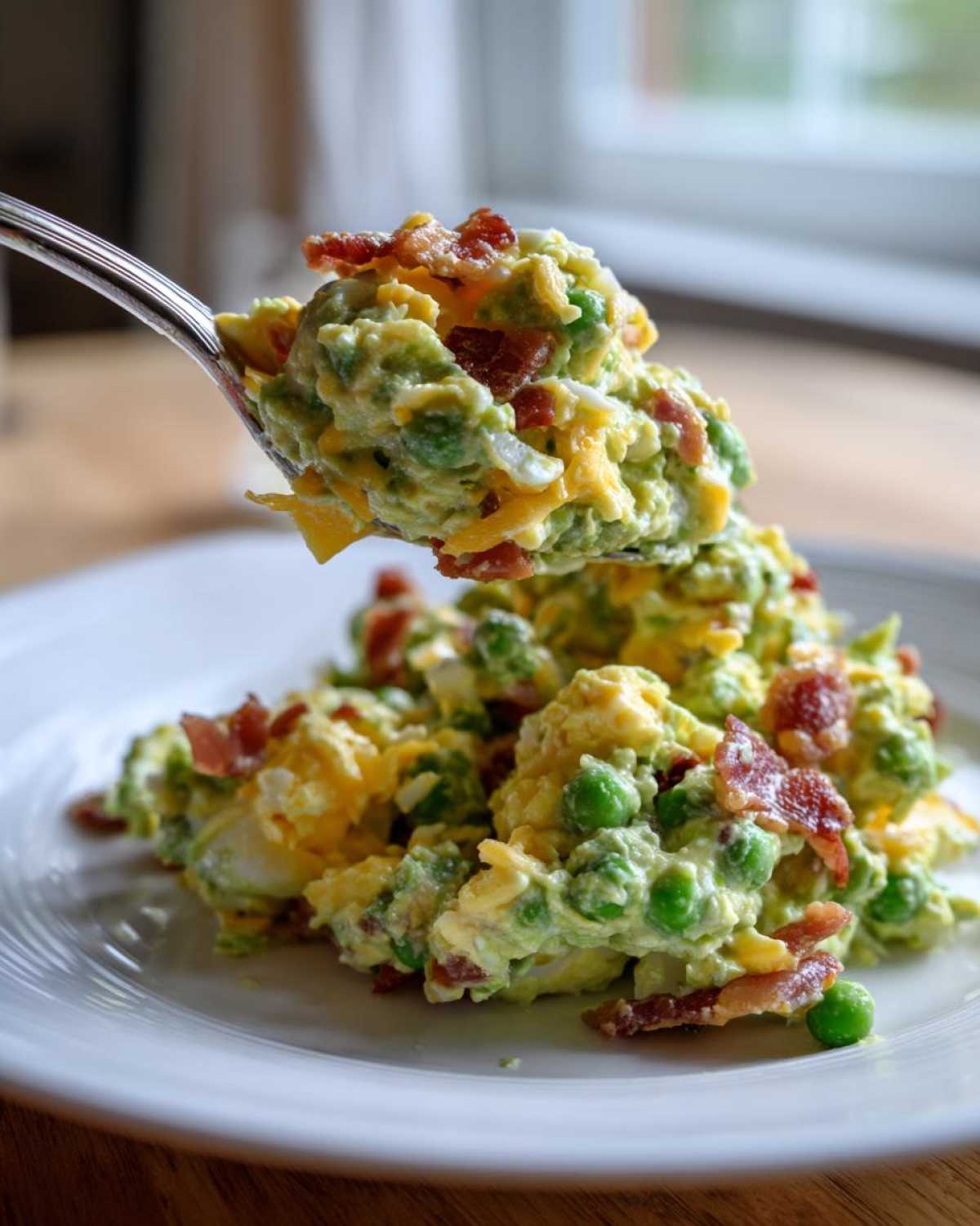 A spoonful of creamy pea salad mixed with bacon bits and chopped egg being lifted from a serving on a white plate.