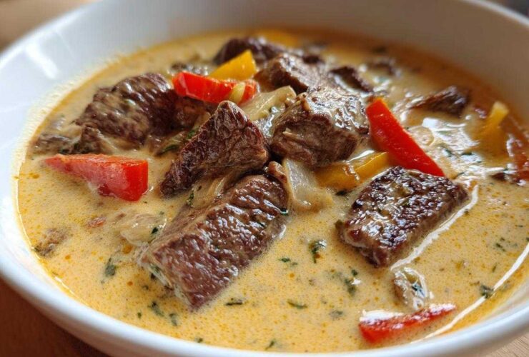 Close-up of a bowl of creamy philly cheese steak soup featuring chunks of steak, red and yellow peppers, and onions.
