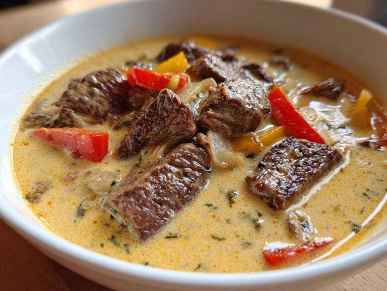 Close-up of a bowl of creamy philly cheese steak soup featuring chunks of steak, red and yellow peppers, and onions.