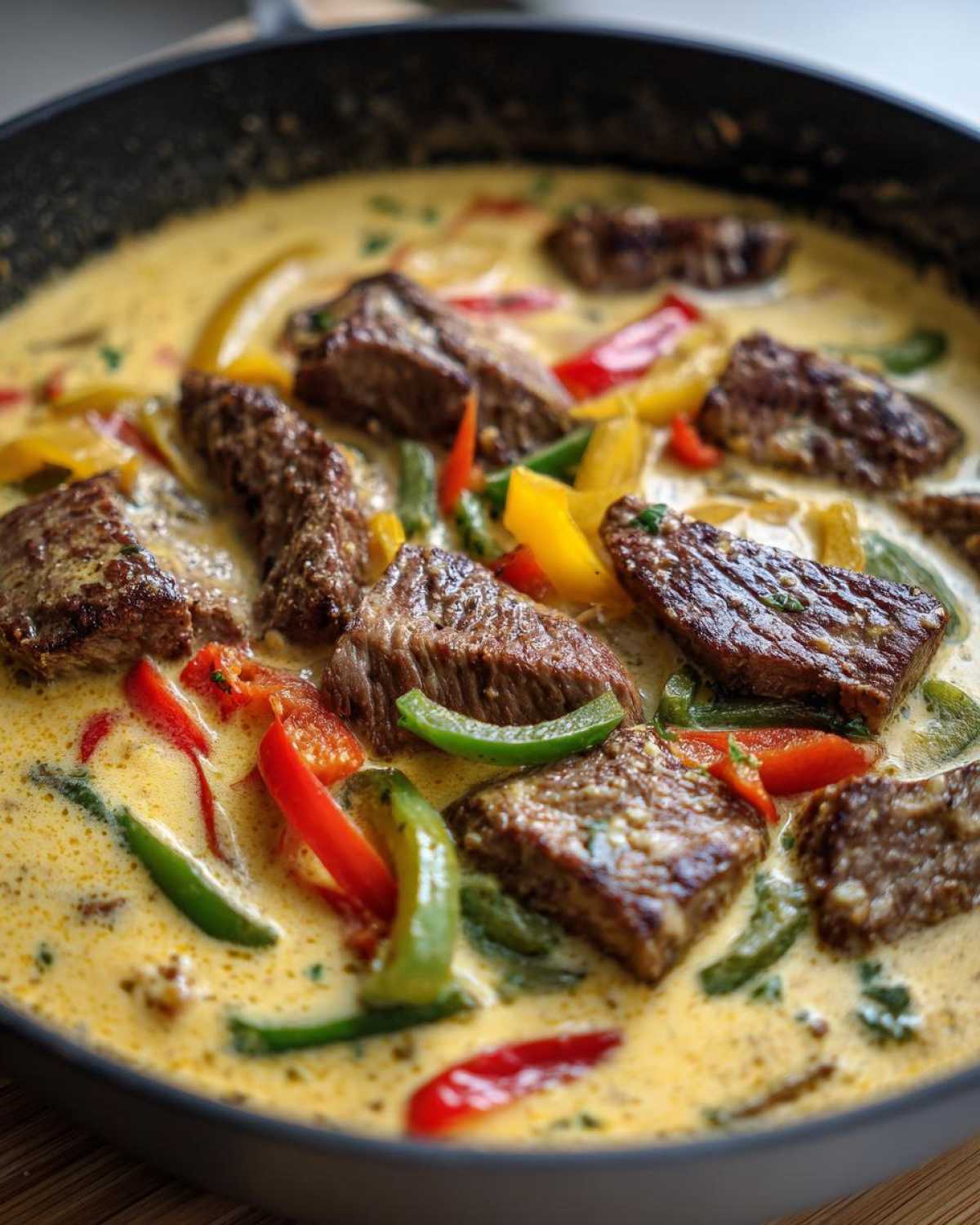 Close-up of rich, creamy philly cheese steak soup featuring chunks of seared steak and colorful bell peppers.