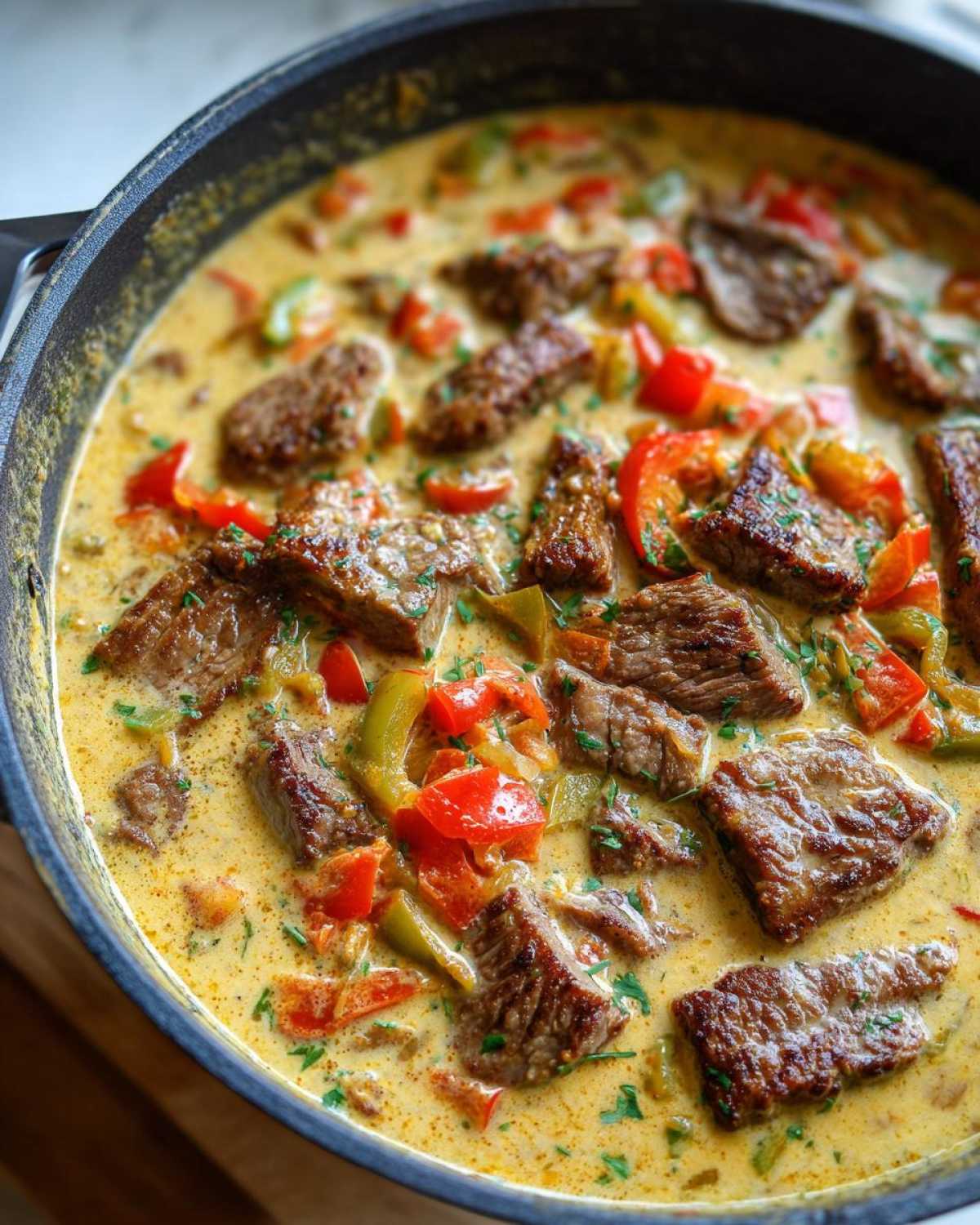 Close-up of savory steak strips and colorful peppers simmering in a creamy sauce for philly cheese steak soup.