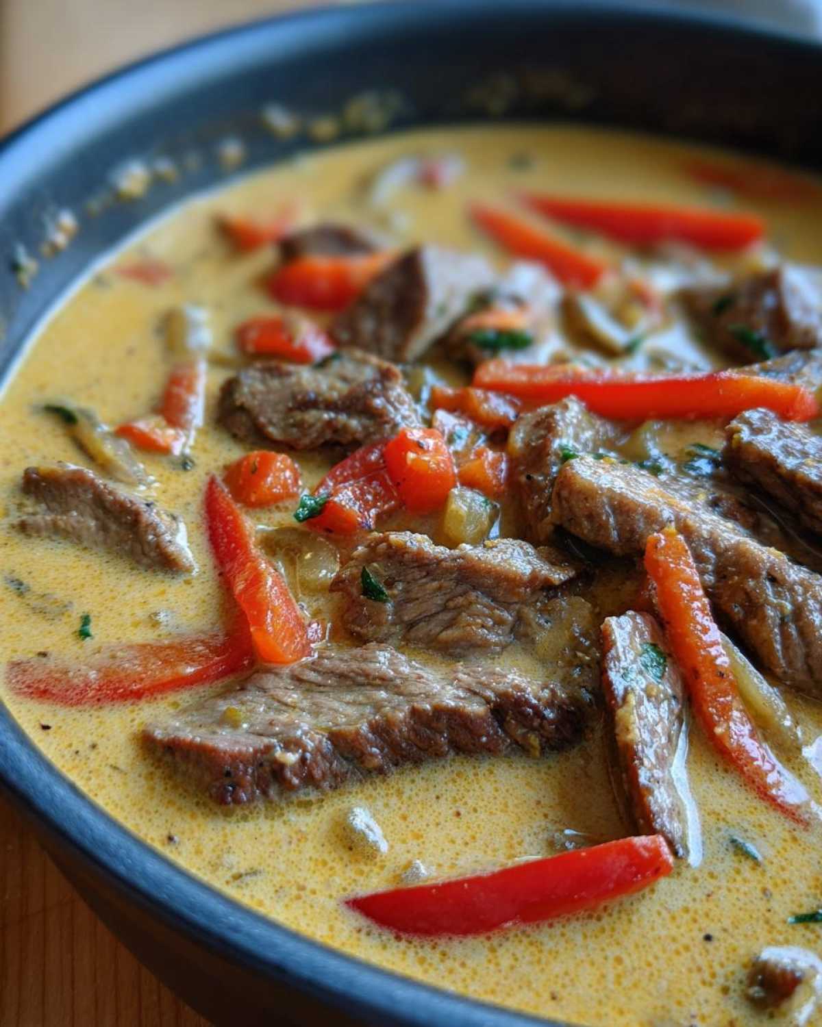Close-up of rich, creamy philly cheese steak soup featuring strips of steak and bright red bell peppers.