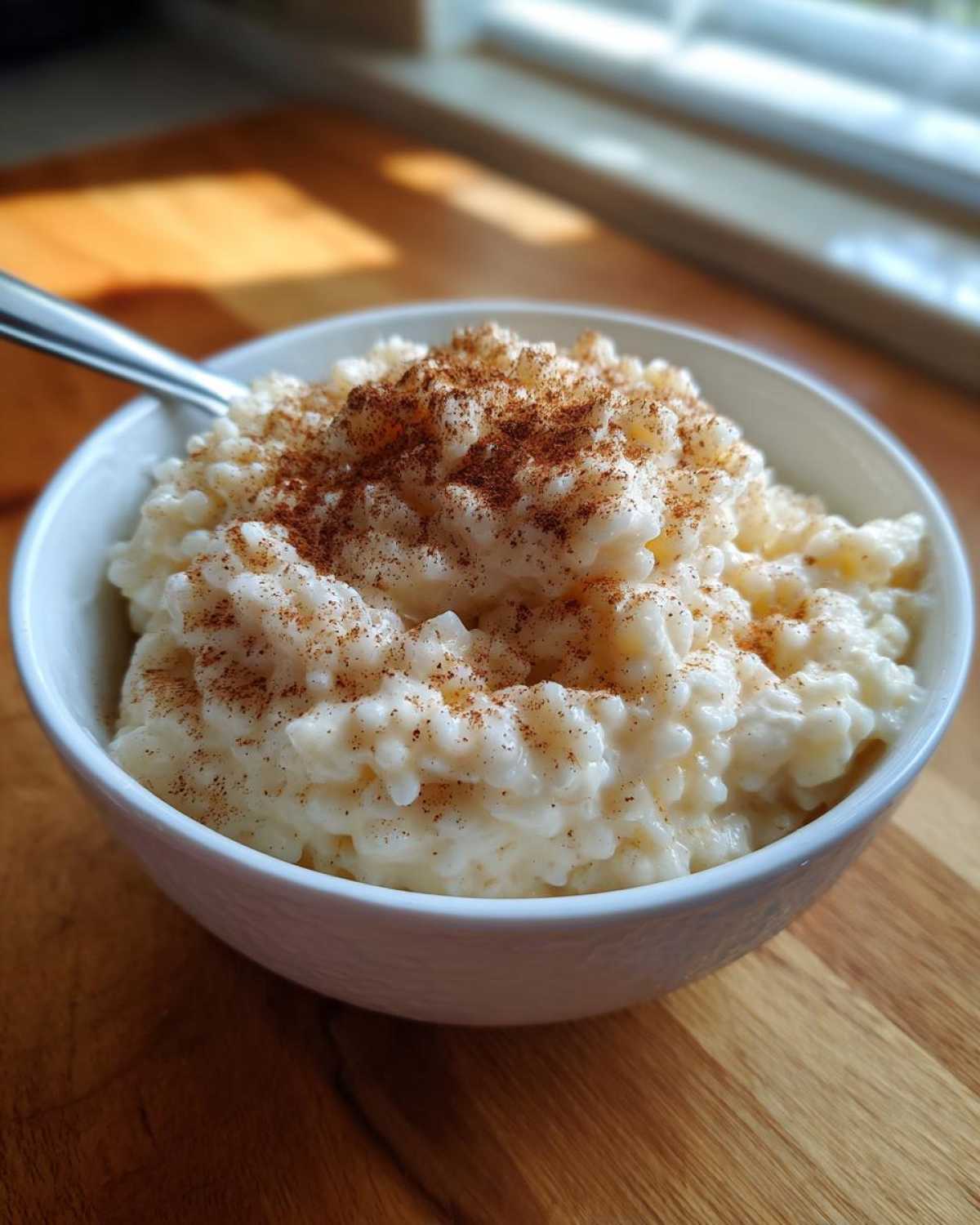 Close-up of a bowl of creamy rice pudding topped generously with ground cinnamon.