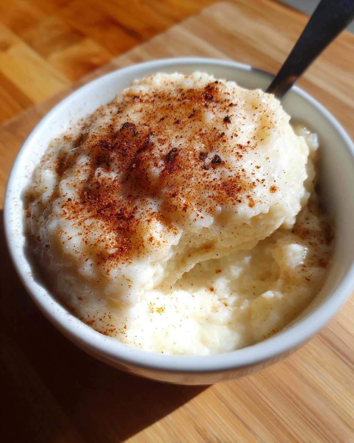 A close-up of creamy rice pudding in a white bowl, generously dusted with cinnamon.