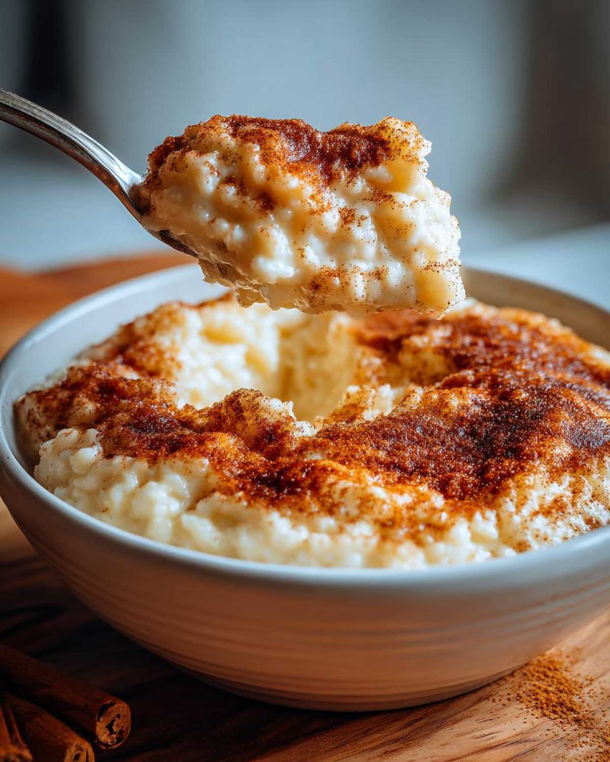 A spoonful of creamy rice pudding topped generously with cinnamon being lifted from a white bowl.