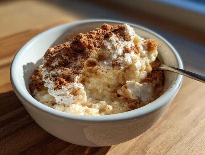 A close-up of creamy rice pudding topped with whipped cream and a generous dusting of cinnamon.