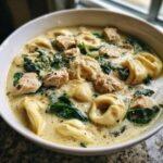 A close-up bowl of rich, creamy tortellini soup featuring chunks of chicken, wilted spinach, and grated Parmesan cheese.
