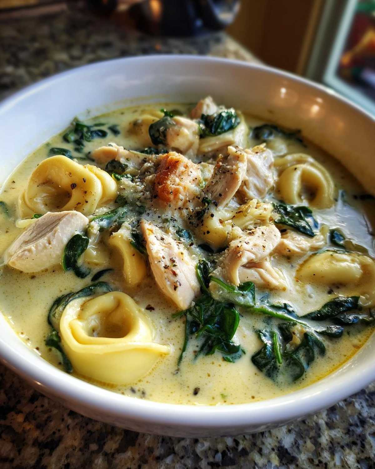 A close-up bowl of creamy tortellini soup featuring chunks of chicken, wilted spinach, and seasoning.