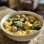 A close-up of a steaming white bowl filled with creamy tortellini soup, featuring cheese tortellini, sausage crumbles, and wilted spinach.