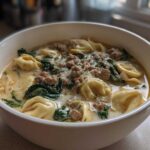 Close-up of a white bowl filled with creamy tortellini soup, featuring sausage crumbles and wilted spinach.